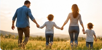 Family walking together through a sunny field