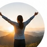Person standing freely with arms raised at sunrise